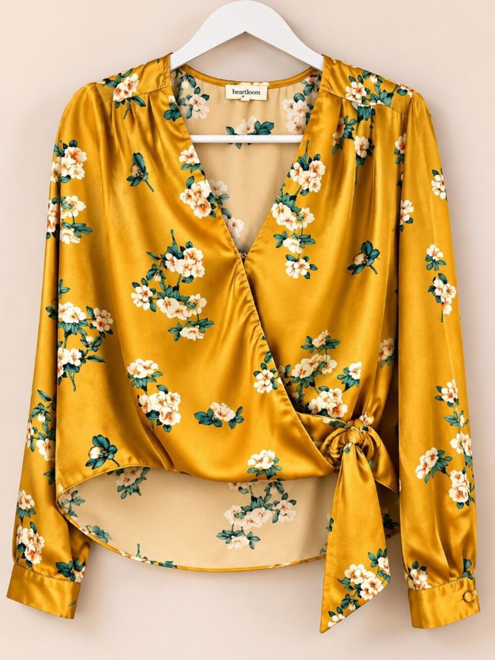 Heartloom Satin Floral Wrap Blouse Gold Mustard Long Sleeve Top Large